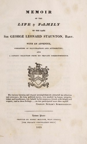 Memoir of the life & family of the late Sir George Leonard Staunton, bart