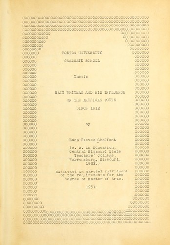 Walt Whitman and his influence on the American poets since 1912 ...