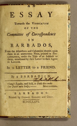 An essay towards the vindication of the Committee of Correspondence in Barbados
