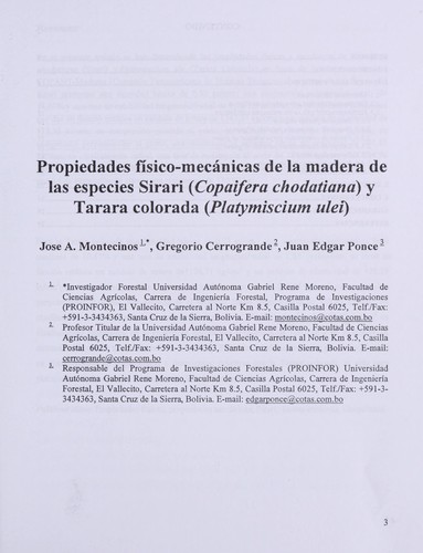 Propiedades físico-mecánicas de la madera de las especies forestales sirari (Copaifera chodatiana) y tarara colarada (Platymiscium ulei)