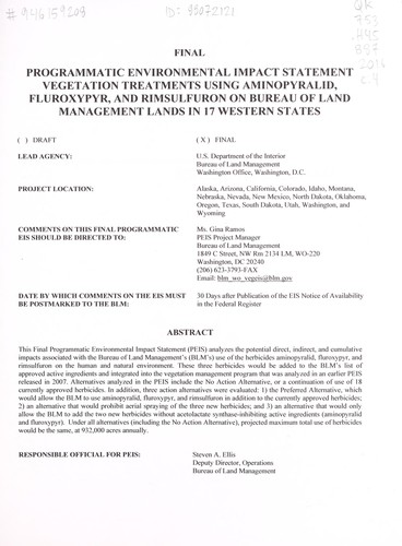 Final programmatic environmental impact statement vegetation treatments using aminopyralid, fluroxypyr, and rimsulfuron on Bureau of Land Management lands in 17 western states