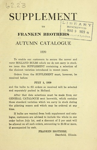 Supplement to Franken Brothers autumn catalogue 1920