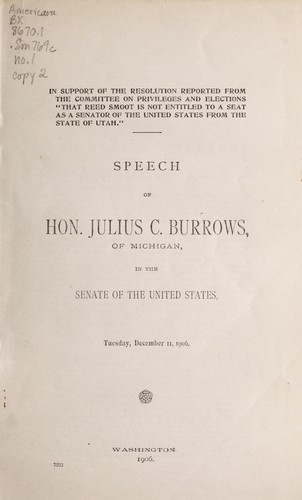 Speech of Hon. Julius C. Burrows, of Michigan, in the Senate of the United States, Tuesday, December 11, 1906