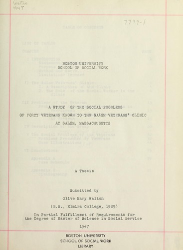 A study of the social problems of forty veterans known to the Salem Veterans' Clinic at Salem, Massachusetts