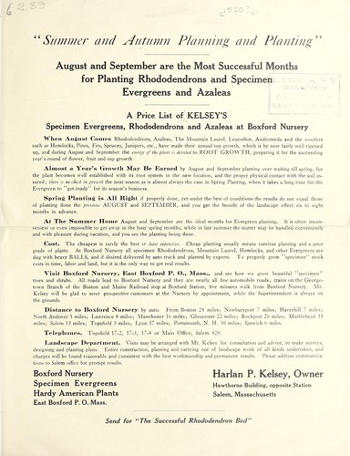 A price list of Kelsey's specimen evergreens, rhododendrons and azaleas at Boxford Nursery