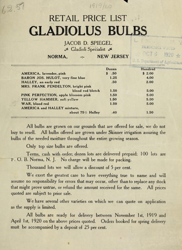 Retail price list of gladiolus bulbs