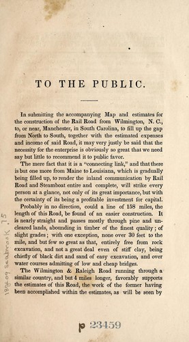 To the public [map & estimates for the construction of the railroad from Wilmington, N.C. to Manchester, S.C.].