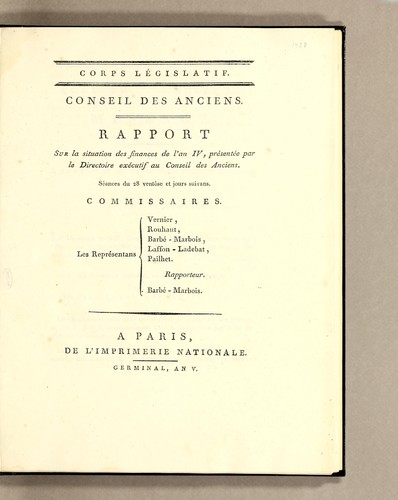 Rapport sur la situation des finances de l'an IV, présentée par le Directoire exécutif au Conseil des anciens