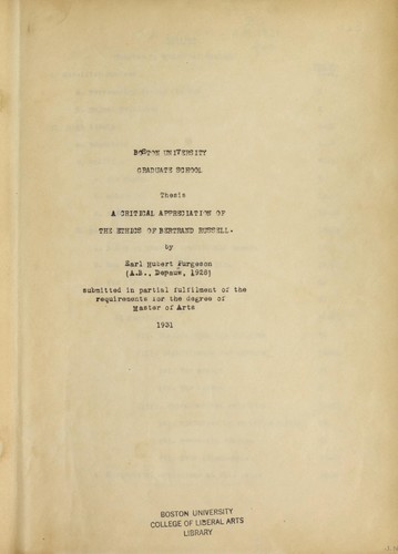 (A) critical appreciation of the ethics of Bertrand Russell ...