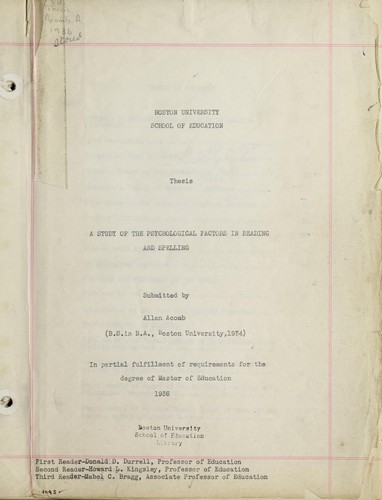 A study of the psychological factors in reading and spelling
