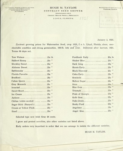 Contract growing prices for watermelon seed crop, 1921