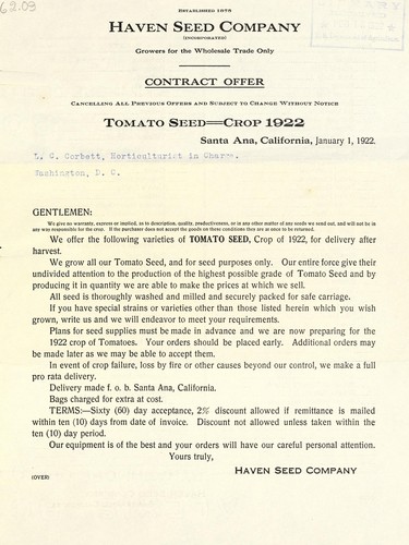 Tomato seed, crop 1922