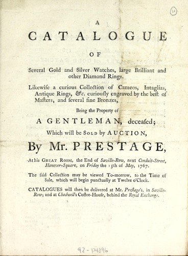 A catalogue of several gold and silver watches, large brilliant and other diamond rings