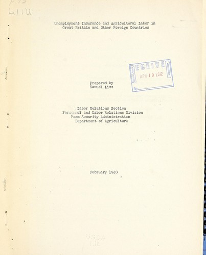 Unemployment insurance and agricultural labor in Great Britain and other foreign countries