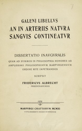Galeni libellus an in arteriis natura sanguis contineatur