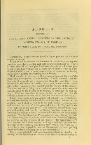 Farewell address, delivered at the fourth anniversary of the Anthropological Society of London, January 1st, 1867
