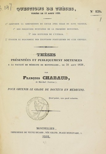 Th©·ses pr©♭sent©♭es et publiquement soutenues ©  la Facult©♭ de m©♭decine de Montpellier, le 31 ao© t 1838