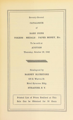 Seventy-second catalogue of rare coins, tokens, medals, paper money, etc