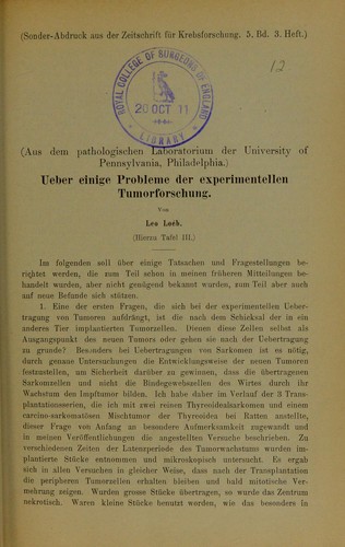 Ueber einige Probleme der experimentellen Tumorforschung