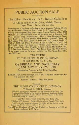 Public auction sale of the Robert Hewitt and B. C. Bartlett collections of choice and valuable coins ...