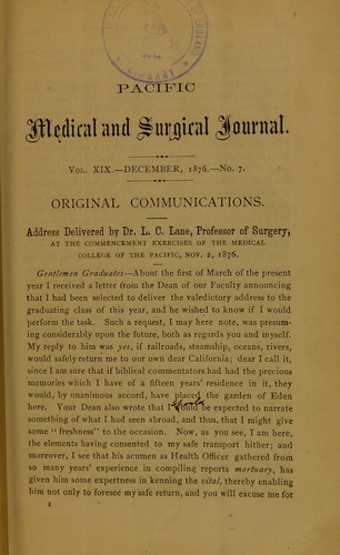 Address, delivered by Dr. L.C. Lane, Professor of Surgery, at the commencement exercises of the Medical College of the Pacific, November 2d, 1876