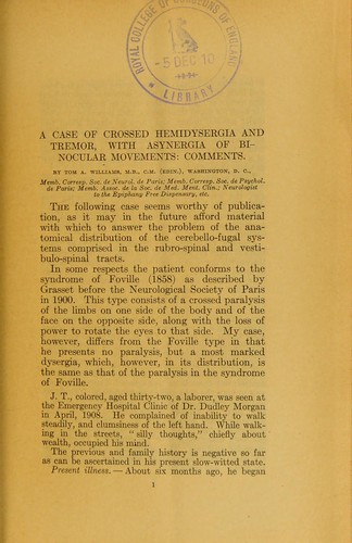 A case of crossed hemidysergia and tremor, with asynergia of binocular movements