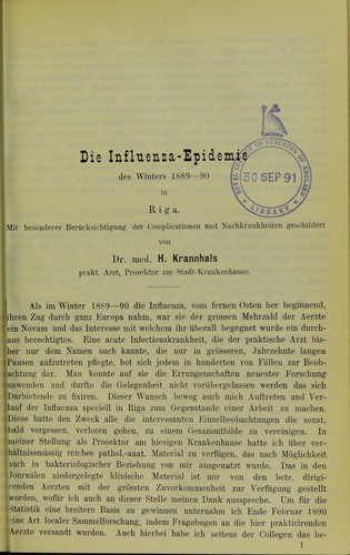 Die Influenza-Epidemie des Winters 1889-90 in Riga