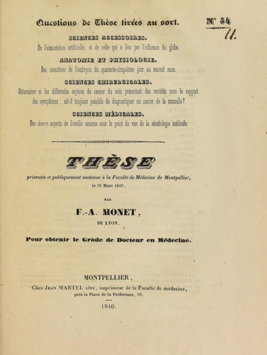 Th©·se pr©♭sent©♭e et publiquement soutenue ©  la Facult©♭ de m©♭decine de Montpellier, le 16 mars 1840