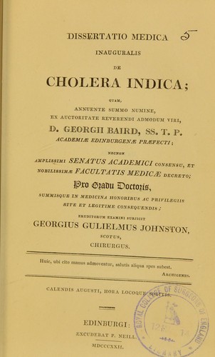 Dissertatio medica inauguralis de cholera indica ...
