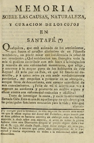 Memoria sobre las causas, naturaleza, y curacion de los cotos en Santaf©♭