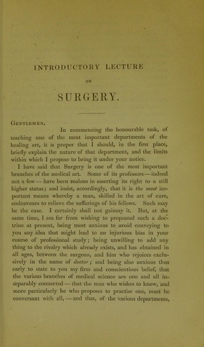 An introductory lecture on surgery, delivered on Wednesday, 4th November, 1840