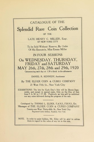 Catalogue of the splendid rare collection of the late Henry C. Miller ...