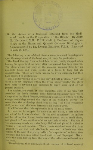 On the action of a secretion obtained from the medicinal leech on the coagulation of the blood