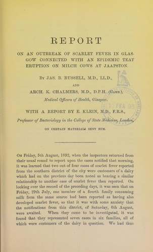 Report on an outbreak of scarlet fever in Glasgow connected with an epidemic teat eruption on milch cows at Jaapston