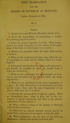 [Examination papers for the Degree of Bachelor of medicine