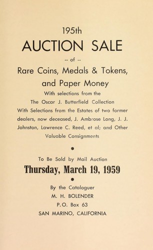 195th auction sale of rare coins, medals & tokens, and paper money