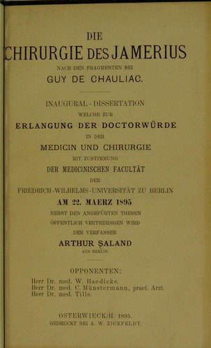 Die Chirurgie des Jamerius nach den Fragmenten bei Guy de Chauliac