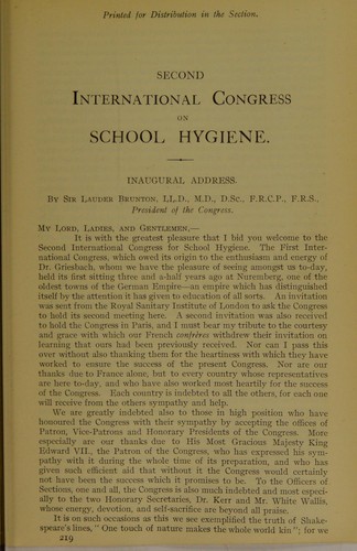 Second International Congress on School Hygiene, London, August 5th-10th, 1907