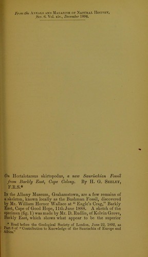 On Hortalotarsus skirtopodus, a new saurischian fossil from Barkly East, Cape Colony