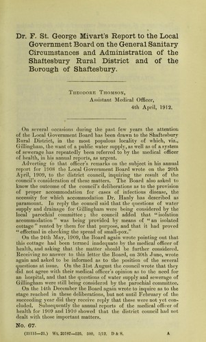 Dr F. St. George Mivart's report to the Local Government Board on the general sanitary circumstances and administration of the Shaftesbury Rural District and of the Borough of Shaftesbury