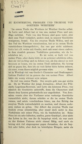 Zu Entstebung, Problem und Technik von Goethes 'Werther'
