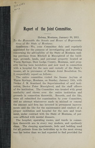Report of the Joint Committee of the Senate and House of Representatives, respecting the purchase of a suitable institution to care for the state's insane