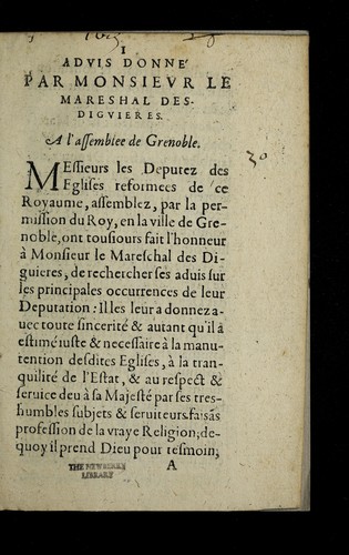 Advis donne  par Monsieur le Mareschal des Diguieres