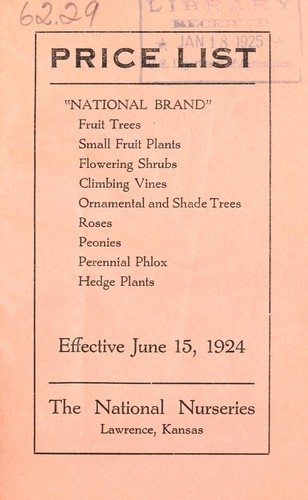Price list [of] National brand fruit trees, small fruit plants, flowering shrubs, climbing vines, ornamental and shade trees, roses, peonies, perennial phlox, hedge plants, etc