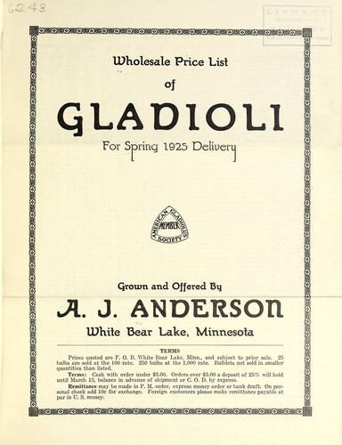 Wholesale price list of gladioli for spring 1925 delivery