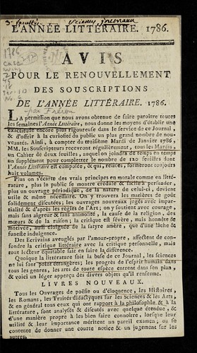 Avis pour le renouvellement des souscriptions de l'Anne e litte raire, 1786