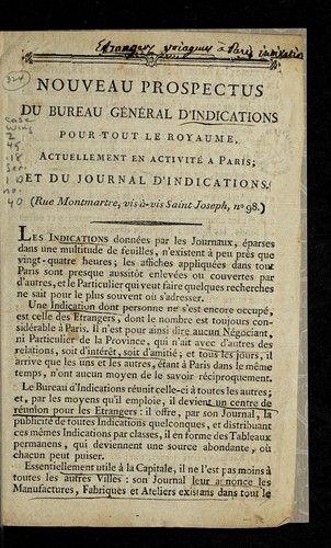 Nouveau prospectus du Bureau ge ne ral d'indications pour tout le royaume, actuellement en activite  a Paris, et du Journal d'indications