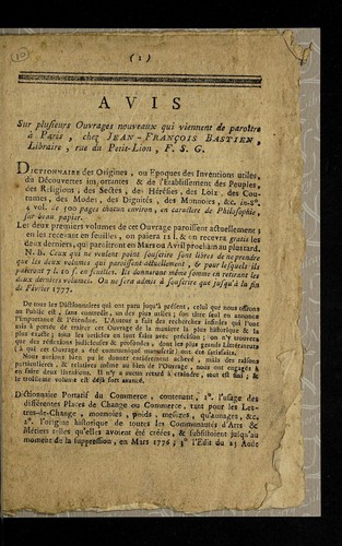 Avis sur plusieurs ouvrages nouveaux qui viennent de paroi tre a   Paris chez Jean-Franc ʹois Bastien, libraire, rue du Petit-Lion, F.S.G.