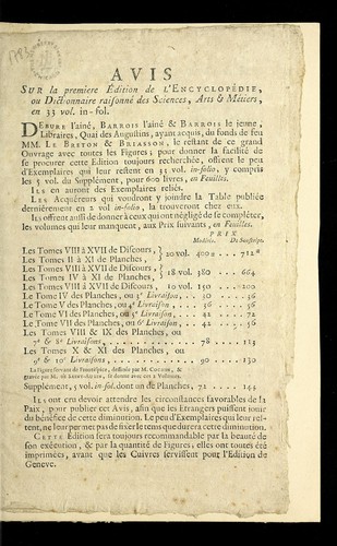 Avis sur la premiere e dition de l'Encyclope die, ou Dictionnaire raisonne  des sciences, arts & me tiers