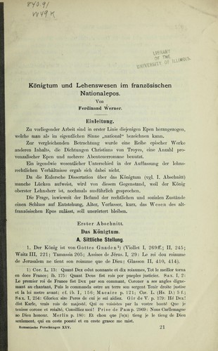 Konigtum und Lehnswesen im franzo sischen Nationalepos ...